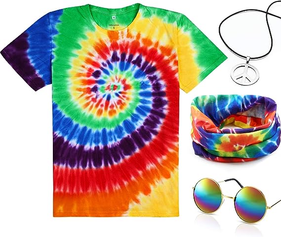 Photo 1 of 4 Pieces Hippie Costume Set, Include Colorful Tie-Dye T-Shirt, Peace Sign Necklace, Headband and Sunglasses for Theme Parties
LARGE