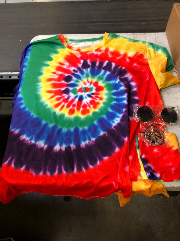 Photo 2 of 4 Pieces Hippie Costume Set, Include Colorful Tie-Dye T-Shirt, Peace Sign Necklace, Headband and Sunglasses for Theme Parties
LARGE