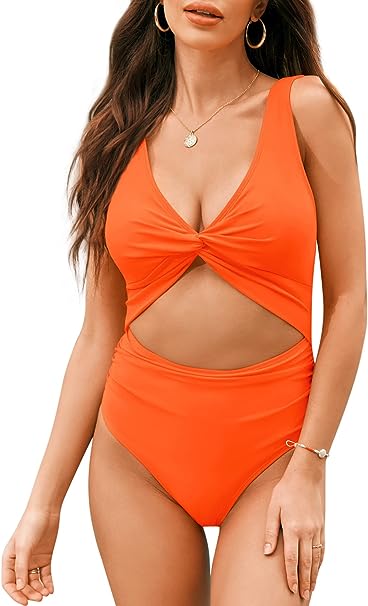 Photo 1 of LANNEW Women Sexy Cut Out Deep V Neck One Piece Bathing Suit High Waisted Bikini Swimsuits Cheeky High Cut Monokini Swimwear ORANGE XL
