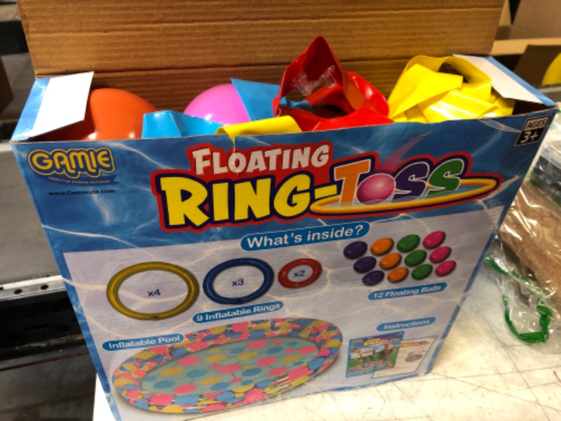 Photo 2 of Gamie Floating Ring Toss Game for Kids, Outdoor Carnival Game Set with Inflatable Pool, Floating Rings, and Colored Plastic Balls, Outdoor Games for Family and Backyard Parties
