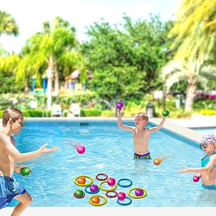 Photo 1 of Gamie Floating Ring Toss Game for Kids, Outdoor Carnival Game Set with Inflatable Pool, Floating Rings, and Colored Plastic Balls, Outdoor Games for Family and Backyard Parties
