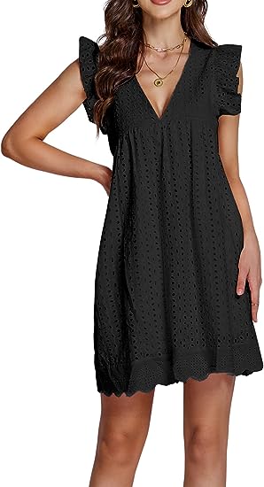 Photo 1 of LYANER Women's Elegant Eyelet V Neck Ruffle Cap Sleeve Tank Babydoll A Line Mini Dress
