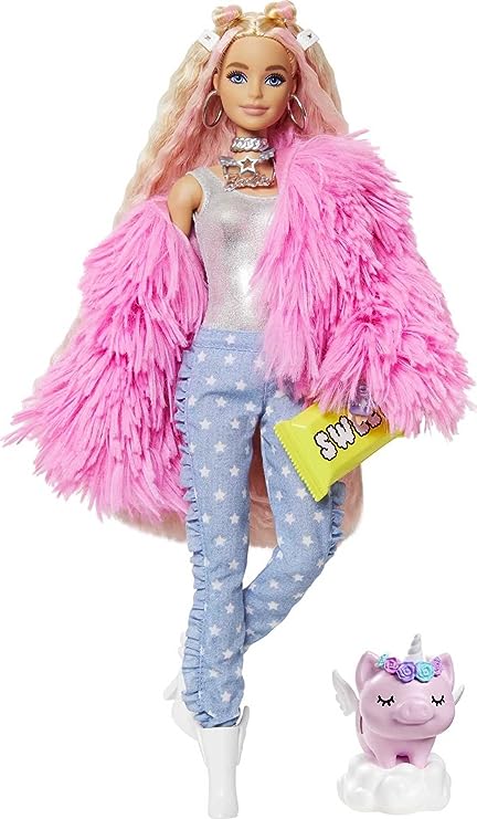 Photo 1 of Barbie Extra Doll & Accessories with Pink-Streaked Blonde Crimped Hair in Fluffy Pink Coat with Pet Unicorn-Pig
