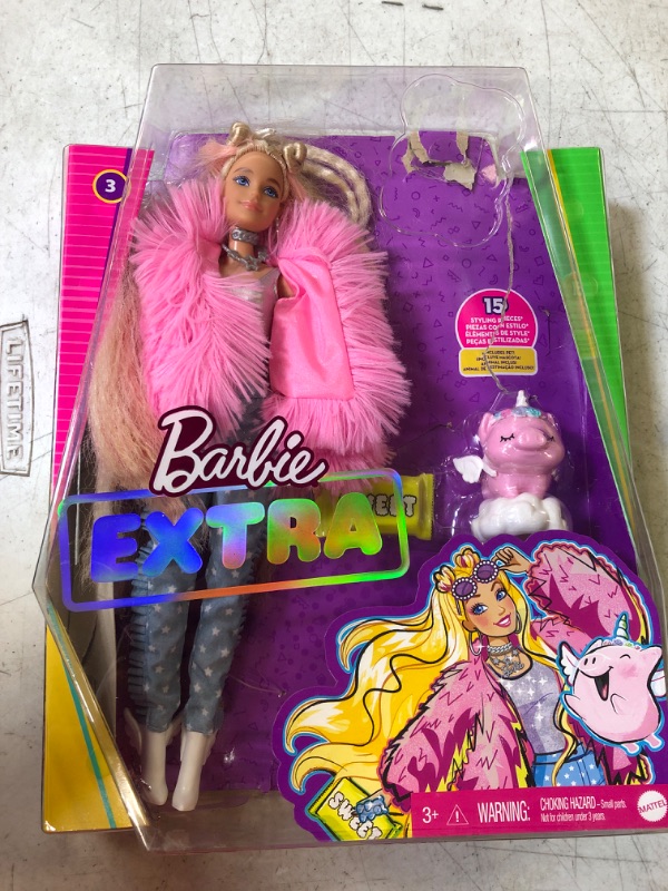 Photo 2 of Barbie Extra Doll & Accessories with Pink-Streaked Blonde Crimped Hair in Fluffy Pink Coat with Pet Unicorn-Pig
