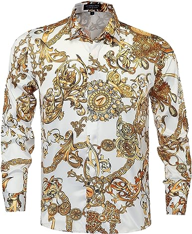 Photo 1 of Mens Luxury Brand Printed Silk Like Satin Button Down Dress Shirt for Party Prom Long Sleeve Slim Fit Floral Nightclub Shirt Medium
