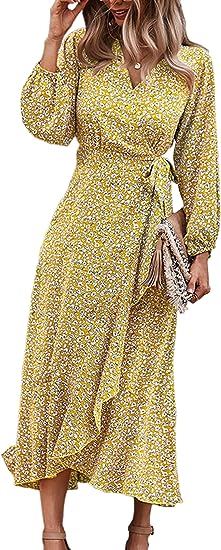 Photo 1 of ECOWISH Womens Fall Dresses Bohemian Wrap V Neck Floral Long Sleeve Ethnic Style High Split Beach Maxi Dress Large 
