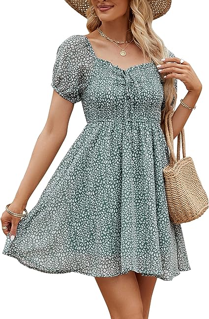 Photo 1 of Hount Women's Sweetheart Neckline Summer Dress Casual Smocked Dress Puff Sleeve Drawstring Dresses Medium
