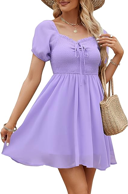 Photo 1 of Hount Women's Sweetheart Neckline Summer Dress Casual Smocked Dress Puff Sleeve Drawstring Dresses
