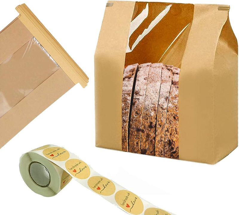 Photo 1 of 100 Pack Large Kraft Paper Bread Bags for Homemade Bread Large Loaf Bags 14" x 8.3" x 3.5" Tin Tie Tab Lock with Clear Front Window Bakery Bags Packaging Coffee Cookie Treat Bags with Label Seal Stickers
