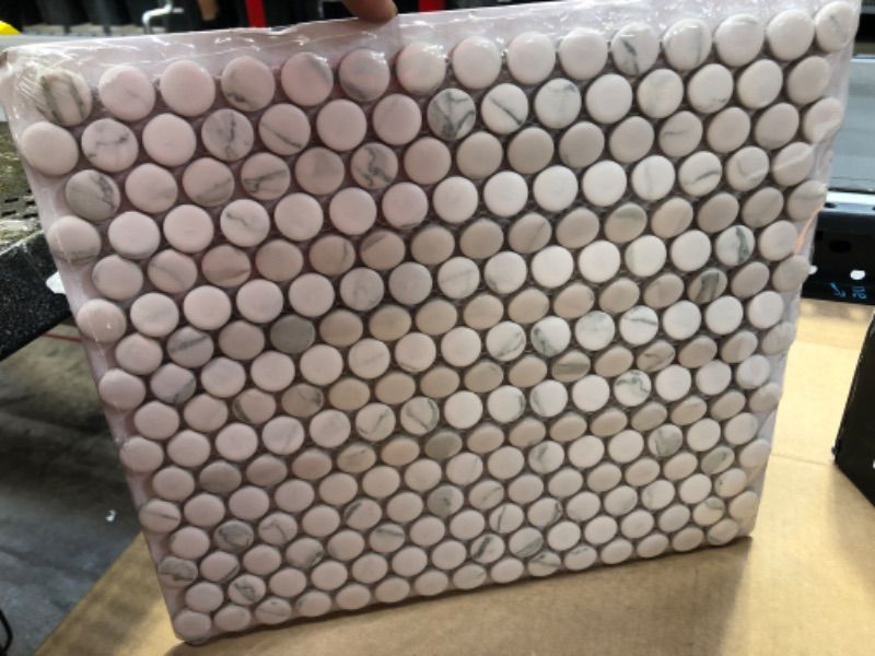 Photo 1 of 1 Sheet---Penny Round Carrara White 11.3 in. x 12.2 in. Matte Porcelain Mesh-Mounted Mosaic Tile (0.96 sq. ft./Each)