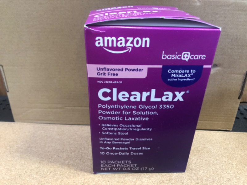 Photo 2 of Amazon Basic Care ClearLax, Polyethylene Glycol 3350 Powder for Solution, Osmotic Laxative, 0.5 Ounce each, 10 Count (Pack of 1)----exp date 05/2024