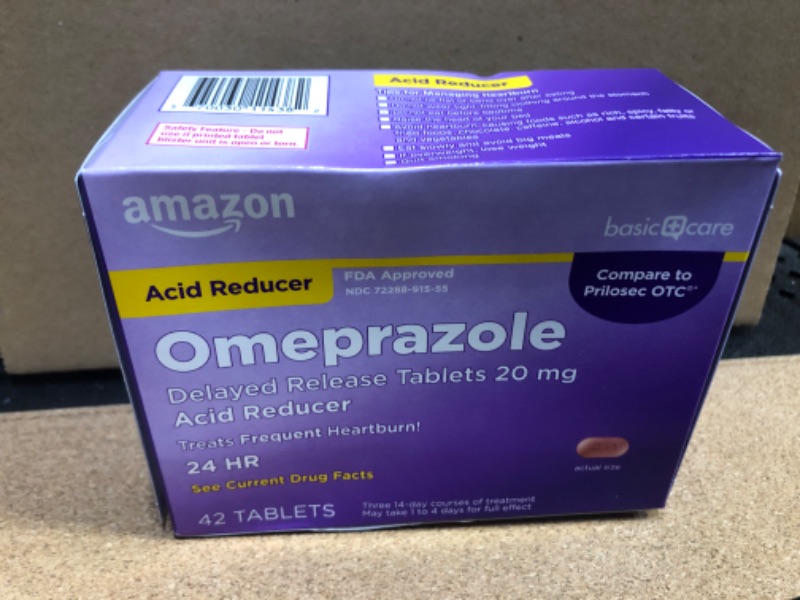 Photo 2 of Amazon Basic Care Omeprazole Delayed Release Tablets 20 mg, Acid Reducer, Treats Frequent Heartburn, 42 Count (Pack of 1)---exp date 08/2024 