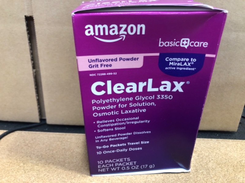 Photo 2 of Amazon Basic Care ClearLax, Polyethylene Glycol 3350 Powder for Solution, Osmotic Laxative, 0.5 Ounce each, 10 Count (Pack of 1)-------exp date 05/2024