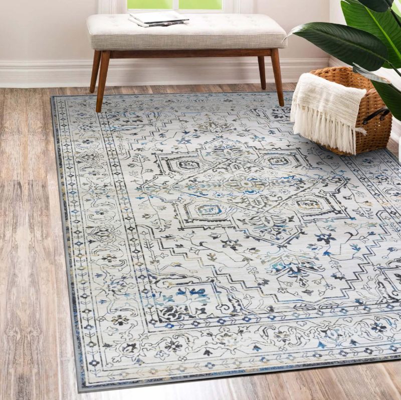 Photo 1 of 4X6FT---Vernal Machine Washable Non Slip Area Rug for Living Room, Bedroom, Dining Room Pet Friendly High Traffic Non-Shedding Rugs Peoria Persian Collection Carpets 4 X 6 Feet Blue/Grey/Cream