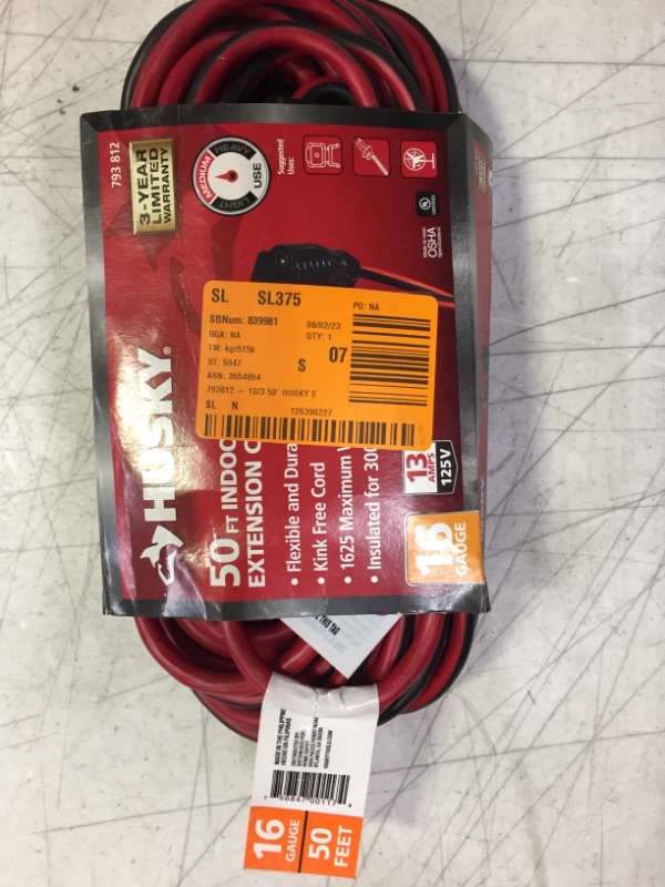 Photo 2 of husky 50 ft. red and black 16/3 medium-duty indoor/outdoor extension cord