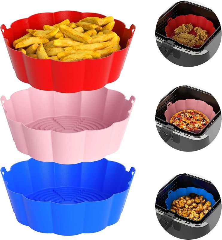 Photo 1 of 3-Pack Air Fryer Liners Silicone, 8.5 inch Reusable Air Fryer Basket, For 3.5 to 8.5QT Food Grade Air Fryer Accessories, Replacement of Parchment Liners, No Need to Clean the Air Fryer(Red+Bule+Pink)