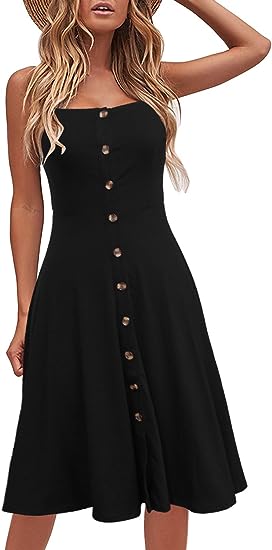 Photo 1 of Berydress Women's Summer Casual Beach Dresses Flattering A-line Spaghetti Strap Button Down Black Midi Dresses with Pockets Small B-Black