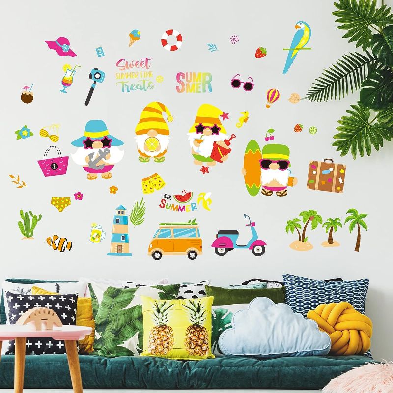 Photo 1 of 193 Pieces Summer Wall Sticker Gnome Wall Decals Hawaiian Tropic Wall Stickers Window Clings Peel and Stick Wallpaper Colorful Art for Kids Toddlers Adults Home Classroom Nursery Beach Party Supplies 12 sheets
