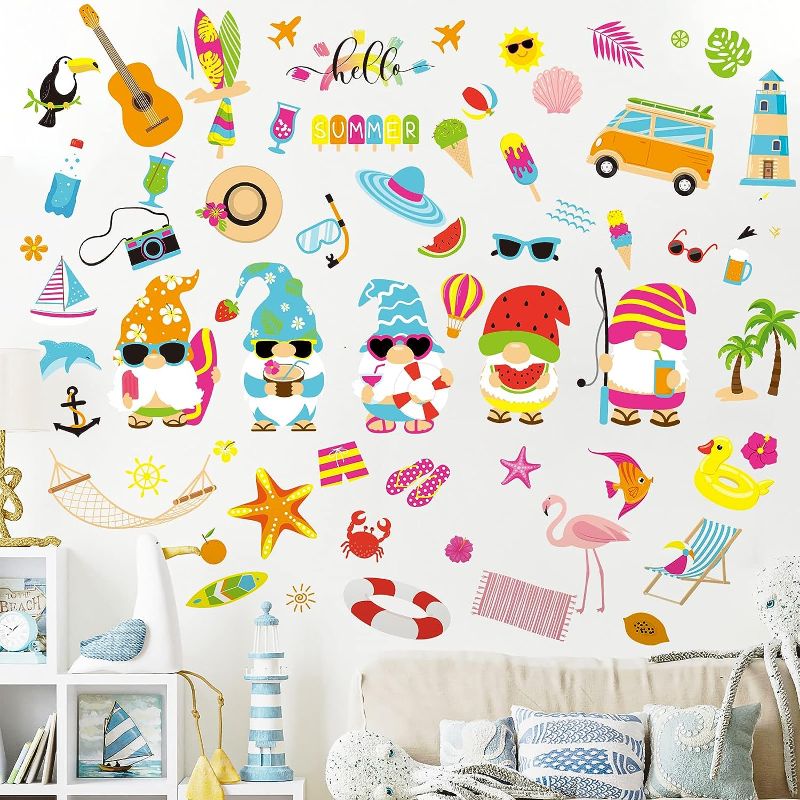 Photo 1 of 193 Pieces Summer Wall Sticker Gnome Wall Decals Hawaiian Tropic Wall Stickers Window Clings Peel and Stick Wallpaper Colorful Art for Kids Toddlers Adults Home Classroom Nursery Beach Party Supplies 12 sheets