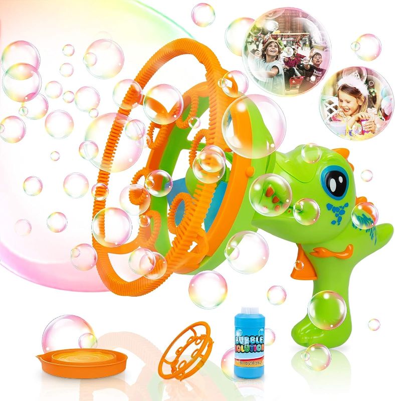 Photo 1 of Dinosaur Bubble Gun Machine for Kids Bubble Blower Toy for Toddles Party Favors with 8 Floz Bubble Solution - Birthday Gift for 3 4 5 Year Old Boys Girls Outdoor Toys Summer Water Toys Outside Toys
