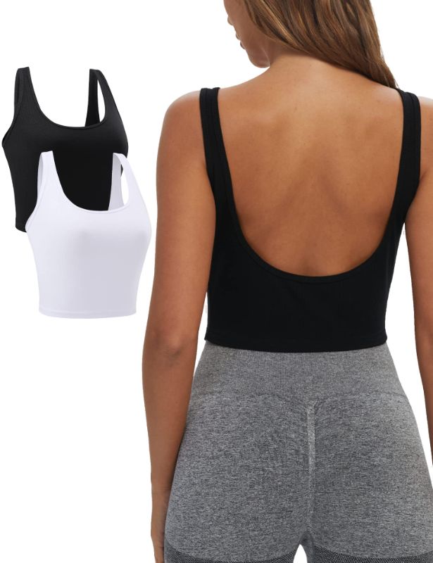 Photo 1 of Aeuui Crop Tops for Women Sexy Open Back Summer Tops Cute Cropped Tank Top Backless Workout Tops, Pack of 2 Black/White