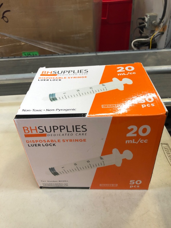 Photo 3 of BH Supplies 20ml Luer Lock Tip Syringes (No Needle) - Sterile, Individually Wrapped - 50 Syringes 20 mL - Luer Lock 50.0