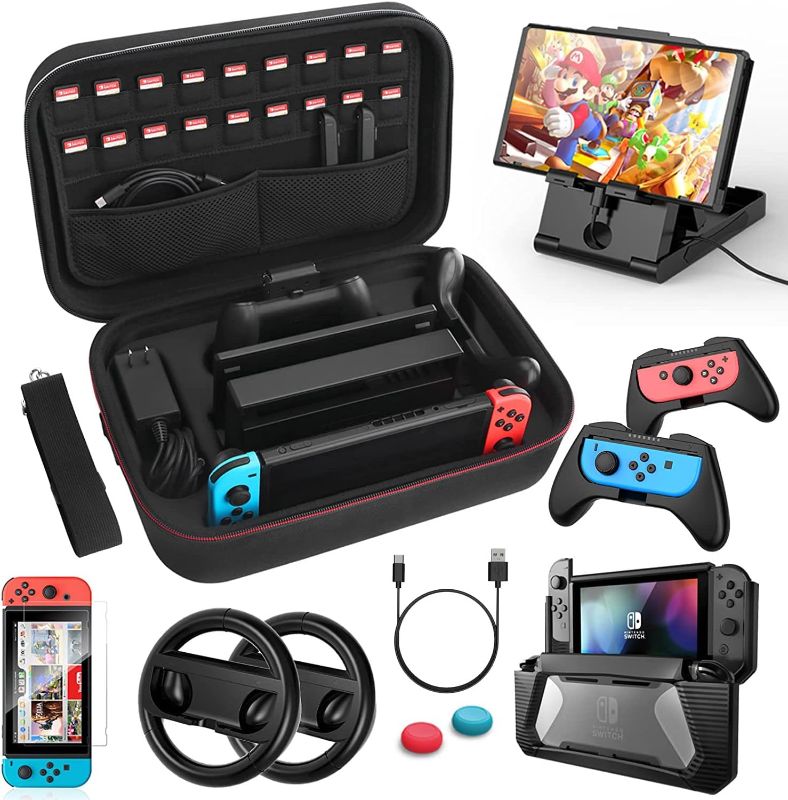 Photo 1 of HEYSTOP Switch Accessories Bundle 12 in 1 Compatible with Nintendo Switch, Gift Kit with Carrying Case, Protective Case Cover, Screen Protector, PlayStand, Joycon Grip & More (Black)
