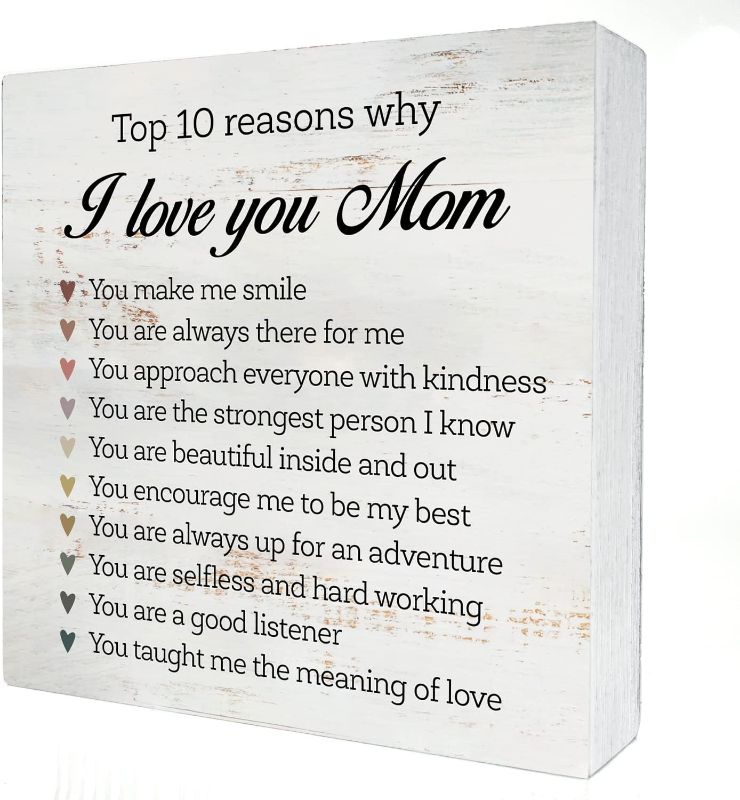 Photo 1 of 10 Reasons Why I Love You Mom Wood Box Sign Home Decor Rustic Mom Wooden Box Sign Block Plaque for Wall Tabletop Desk Decoration 5" x 5", Mother's Day Gift
