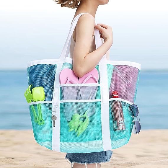 Photo 1 of F-color Beach Bag, Mesh Beach Bag Oversized Beach Tote 9 Pockets Beach Towel Bag
