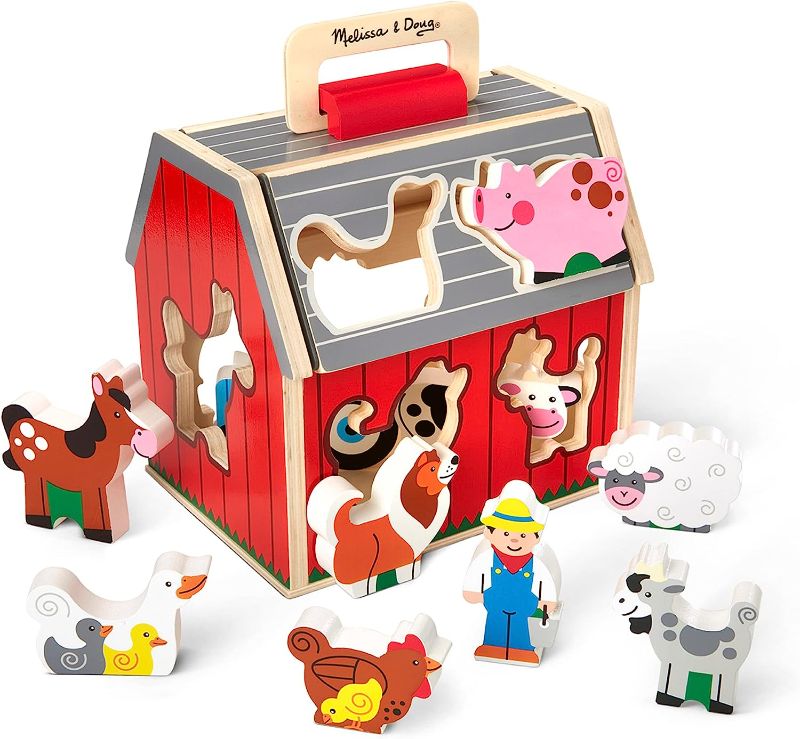 Photo 1 of Melissa & Doug Wooden Take-Along Sorting Barn Toy with Flip-Up Roof and Handle, 10 Wooden Farm Play Pieces - Farm Toys, Shape Sorting And Stacking Learning Toys For Toddlers And Kids Ages 2+
