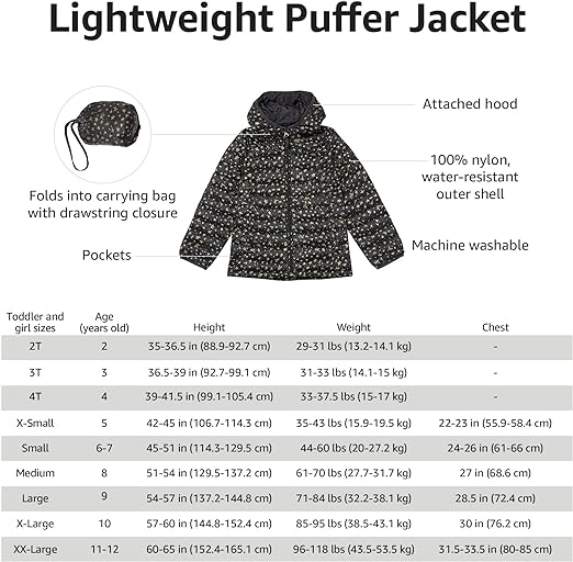 Photo 1 of Amazon Essentials Girls and Toddlers' Lightweight Water-Resistant Packable Hooded Puffer Jacket
small