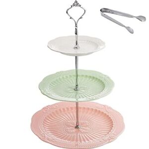 Photo 1 of 3-Tier Porcelain Cupcake Stand with Silver Carry Handle, Tiered