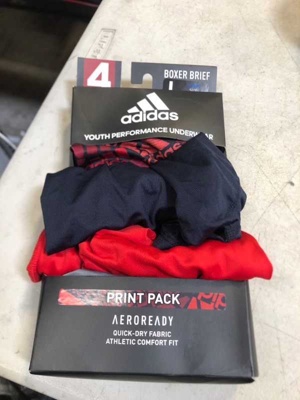 Photo 2 of adidas Kids-Boy's Performance Boxer Briefs Underwear (4-Pack) Large Adi Multi Collage Vivid Red/Legend Ink Blue/Grey
