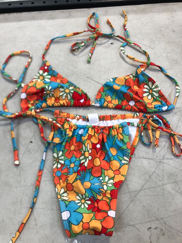 Photo 2 of SOLY HUX Women's Floral Print Bikini Sets Halter Tie Side Triangle Sexy Swimsuits Large Multicolor