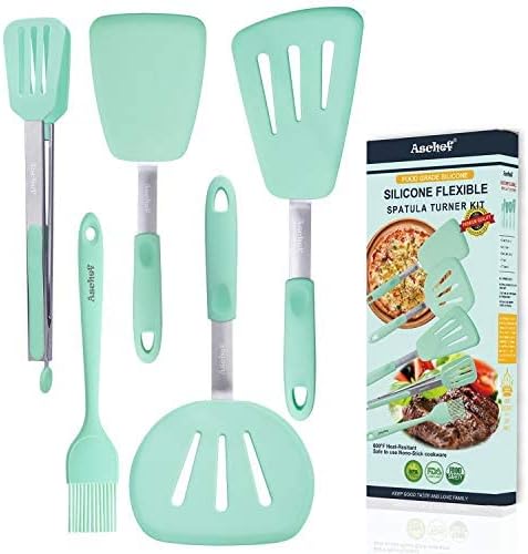 Photo 1 of 5in1 Stylish Heat Resistant Non-scratched Silicone Spatulas w/Food Tongs Brush Set for Nonstick Cookware for New Apartment Fish Steak Egg Pancake Tuner Kitchen Cooking Utensil