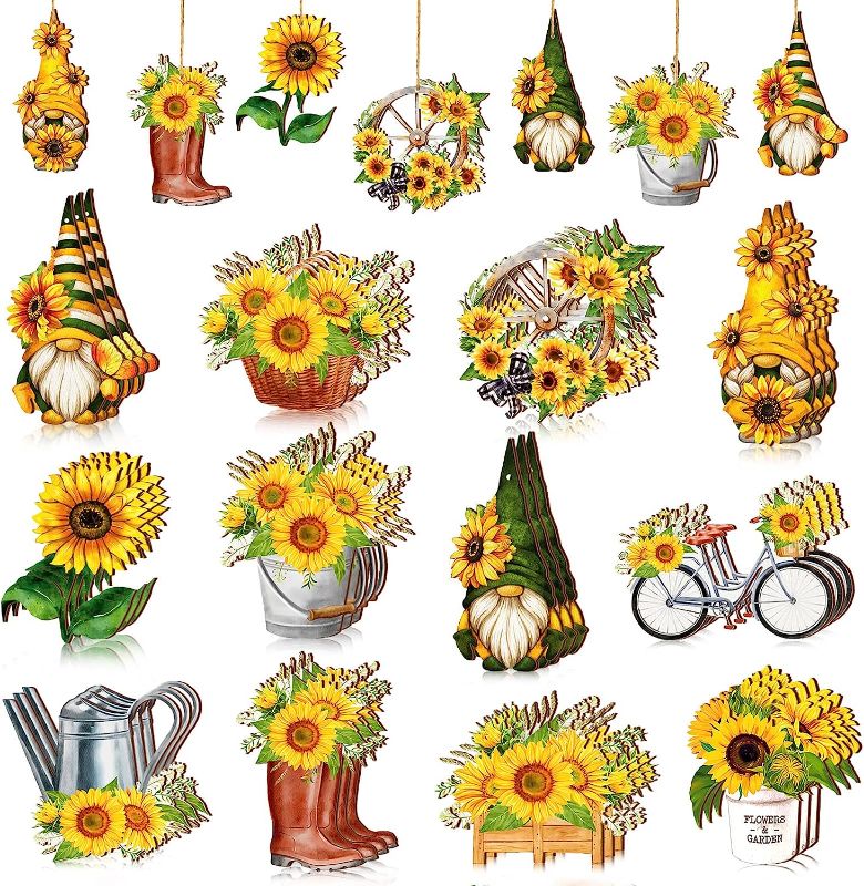 Photo 1 of 36 Pcs Sunflower Gnome Wooden Ornament Summer Tree Decorations Flower Hanging Decorations Sunflower Gnome Wood Cutouts Bike Flower Basket Ornaments Summer Decor for Home Small Tree