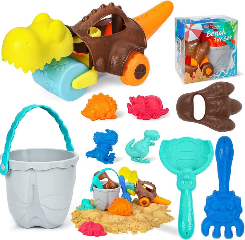 Photo 1 of 3 otters Beach Toys Sand Toys Set for Kids, 12 PCS Dinosaur Beach Toy Set, Sandbox Toys for Kids and Toddlers, Bucket with Shovel, Rake, Dinosaur Sand Molds