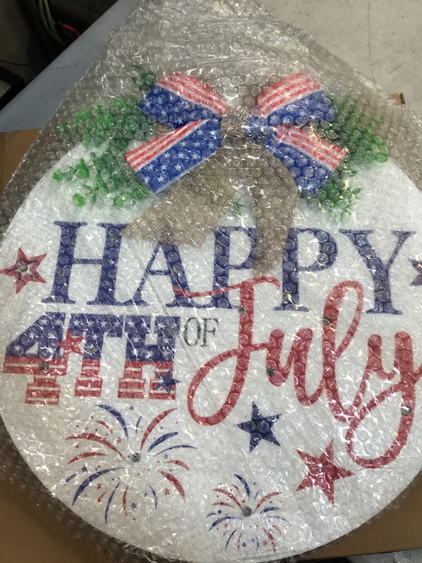 Photo 2 of 4th of July Door Sign, Happy 4th of July Wreaths with LED Lights for Front Door Farmhouse, Battery Operated Wooden Hanging Sign Patriotic Decoration for Independence Day Memorial Day Presidents Day