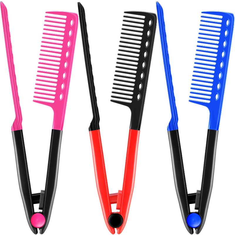 Photo 1 of 3 Pieces Hair Straightening Comb Salon Hair Brush Hairdressing Styling Hair Straightener V-shaped Straight Comb Straightener Combs for Knotty Hair, 3 Colors