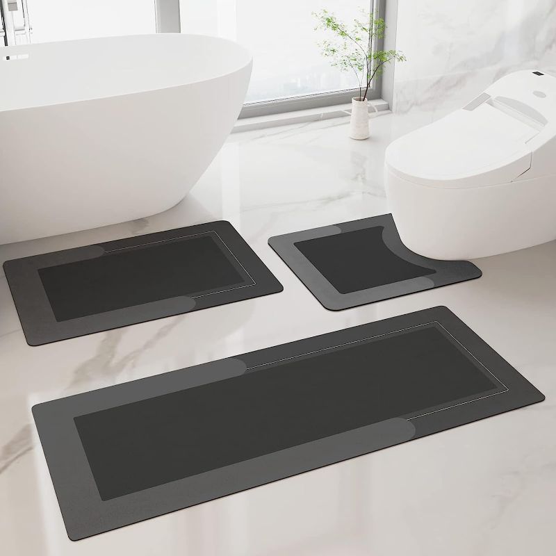 Photo 1 of 3 Piece Bathroom Shower Rugs with U-Shaped Contour Toilet Mat, Water Absorbent, and Non Slip Shower Bath Rug for Bathroom, Tub, and Shower - 20"x32"+20"x47"+20"x24", Dark Grey