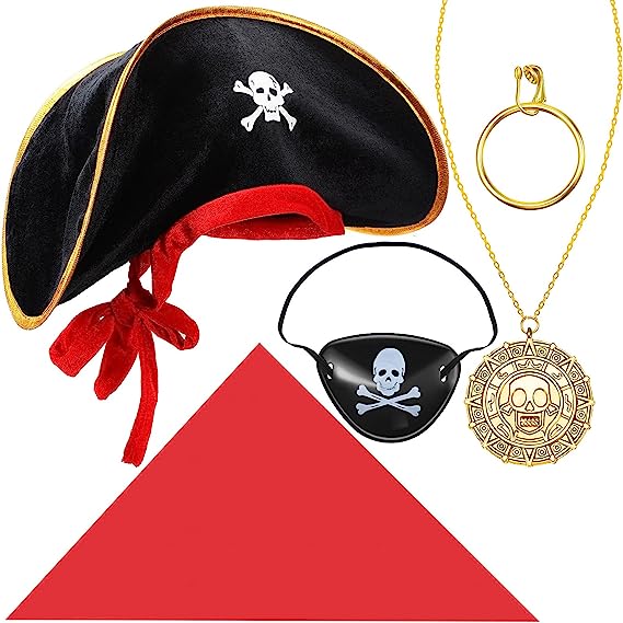 Photo 1 of 5 Pieces Pirate Captain Costume Accessories Skull Hat Eye Patch Headband Hoop Earring Necklace for Cosplay (Classic Style) Mixed Color