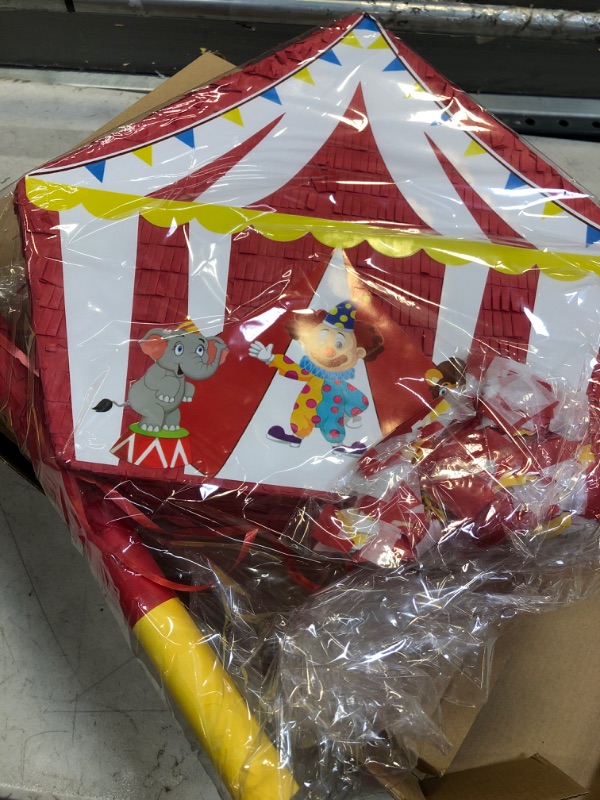 Photo 1 of 15.7 Inches Circus Tent Pinata Circus Carnival Pinata with Blindfold Pinata Bat and Confetti Carnival Theme Party Decorations for Carnival Circus Party Decorations Supplies and Related Events