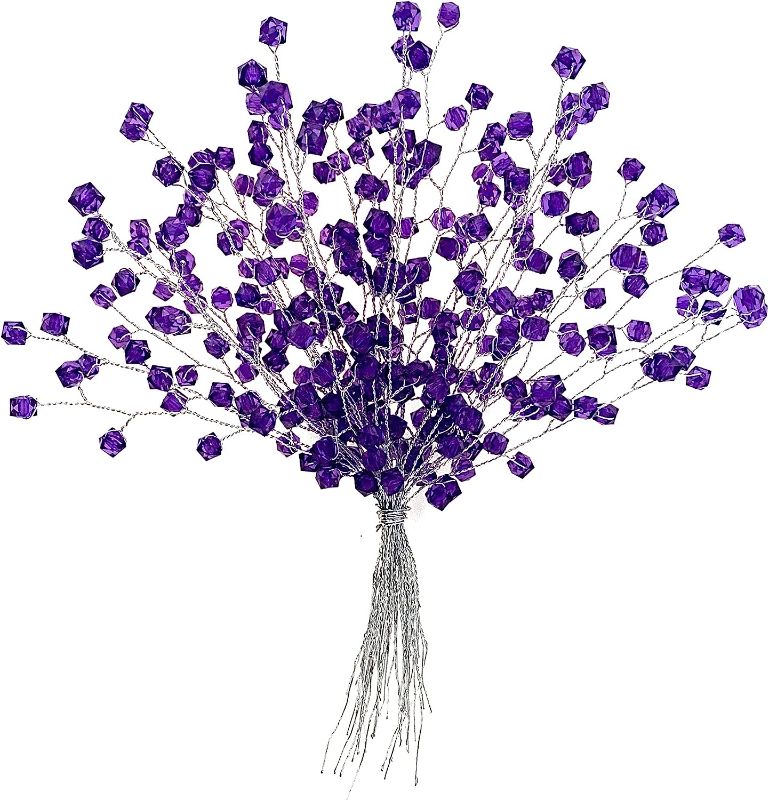 Photo 1 of 16 Stems Artificial Flowers Bouquet Crystal Acrylic Beaded Flower Branches Handmade Fake Baby Breath DIY Crafts Floral Arrangement for Wedding Home Office Decor(Dark Purple)