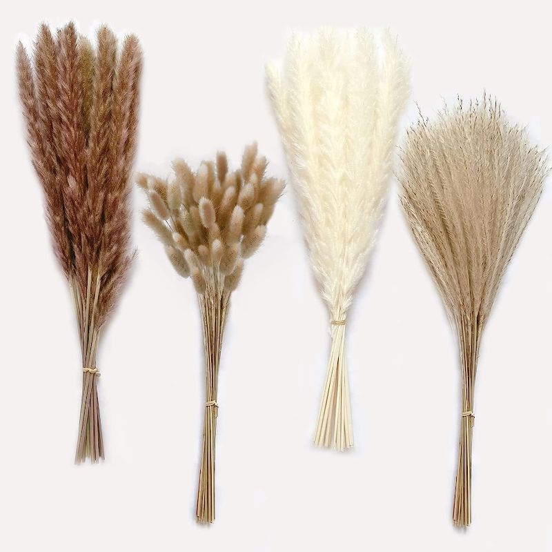 Photo 1 of 100 Pcs 17 inch Natural Dried Pampas Grass Decor-Include White and Brown Pampas Grass, Reed,Bunny Tails.Boho Home Decor,Farmhouse Party Decor,Wedding Flower Arrangements and Table Decor.