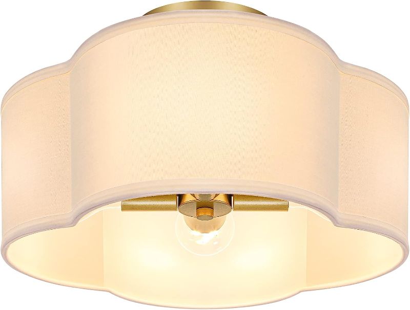 Photo 1 of 4-Light Semi Flush Mount Ceiling Light Fixture, Gold Modern Close to Ceiling Lamp with White Fabric Shade, Farmhouse Bright Lighting Brass Finish for Nursery Kids Room Bedroom Kitchen Hallway Entryway