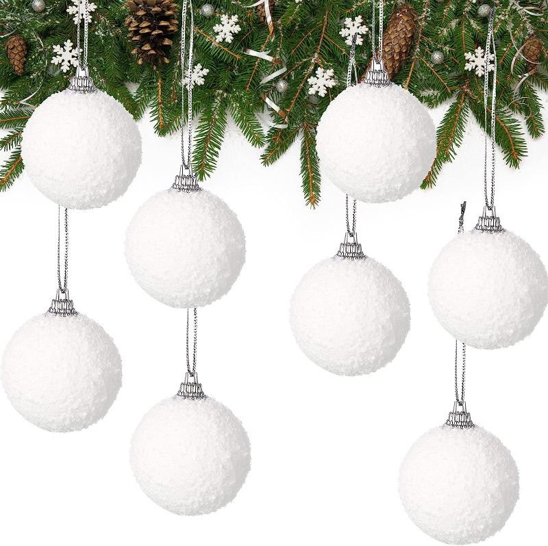 Photo 1 of 24 Pieces Christmas Tree White Balls 1.97 Inch Christmas Hanging Snowballs Snowy Bauble Ornaments with Ropes for Christmas Holiday Wedding Party Decoration
