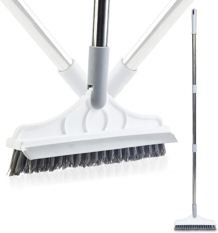 Photo 1 of 2 in 1 Floor Scrub Brush with Squeegee?Floor Scrub Brush with Long Handle?Scrub Broom with Triangular Rotating Brush Head?45 inches Long V-Shaped Bristles Grout Brush for Bathroom Kitchen