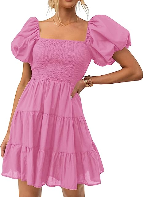 Photo 1 of  Womens 2023 Boho Square Neck Summer Dress Smocked Puff Sleeve Off Shoulder A-Line Mini Dress