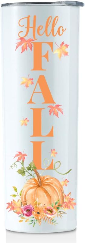 Photo 1 of  Fall Gifts, Autumn Gifts, Pumpkin Gifts, Hello Fall, Birthday Gifts for Women, Girls, Besties, Mom, Aunt, Coworker, Fall Decor, 20Oz Stainless Steel Skinny Tumbler - White DESIGN MAY VARY SEE 2ND PHOTO