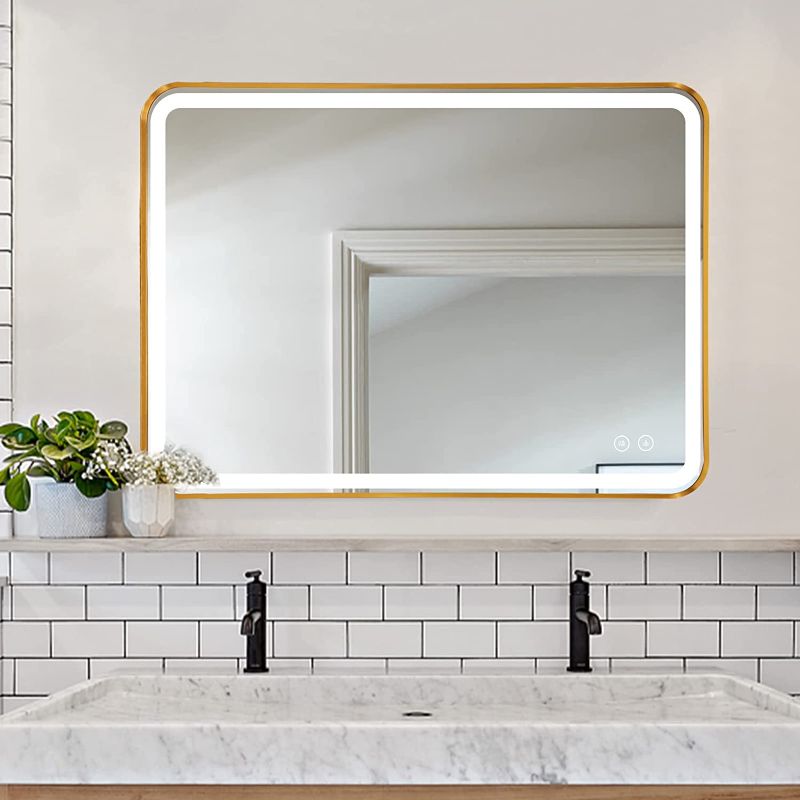 Photo 1 of  Niccy Led Bathroom Mirror, 30"x22" Rectangle Wall Mounted Vanity Mirrors with Metal Frame, Anti Fog Dimmable Smart Mirror for Bathroom/Bedroom/Livingroom/Entryway, (Horizontal or Vertical),Gold
